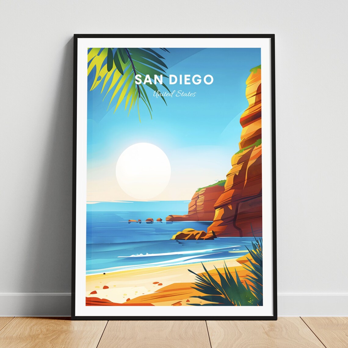 San Diego California Rocky Cliff Beach Cove Ocean Sunset Travel Poster