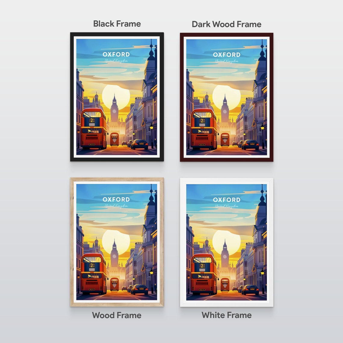 Oxford Red Double Decker Bus Street Landmark Sunset Travel Poster - Image 2