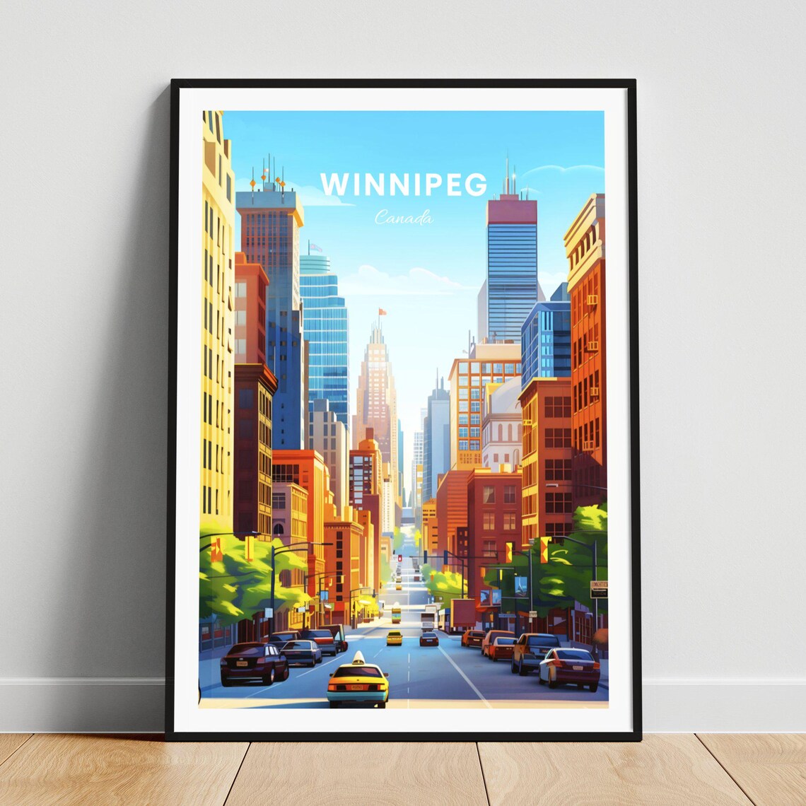 Winnipeg Canada Sunny Downtown Street Taxis City Avenue Travel Poster