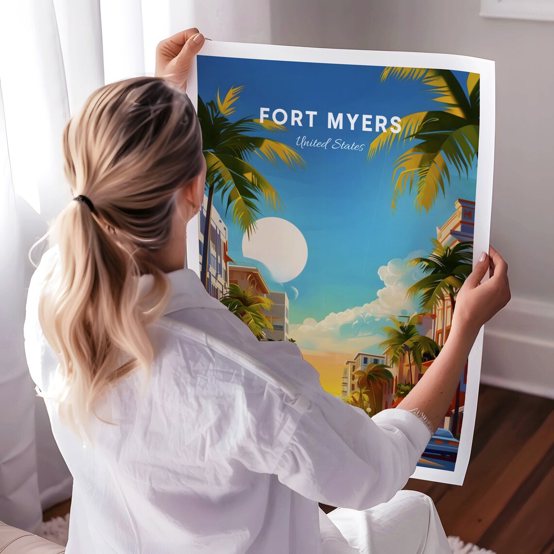 Fort Myers Florida Palm Lined Downtown Street Cars Travel Poster - Image 3