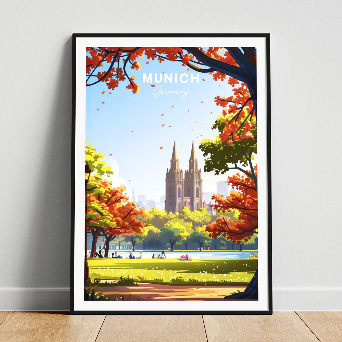 Munich Germany Cathedral Autumn Park Lake Picnic Travel Poster Art