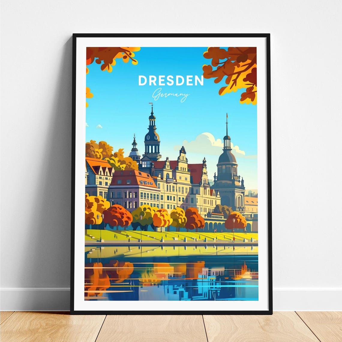 Dresden Germany Autumn River Reflection Old Town View Art Poster