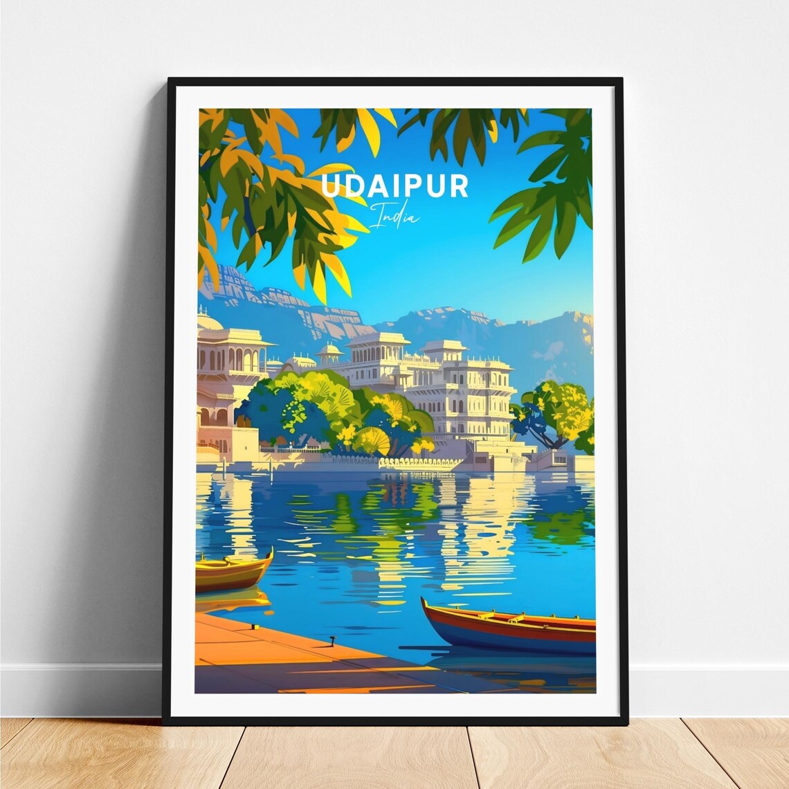 Udaipur India Lakeside Palace Reflections with Wooden Boats Poster