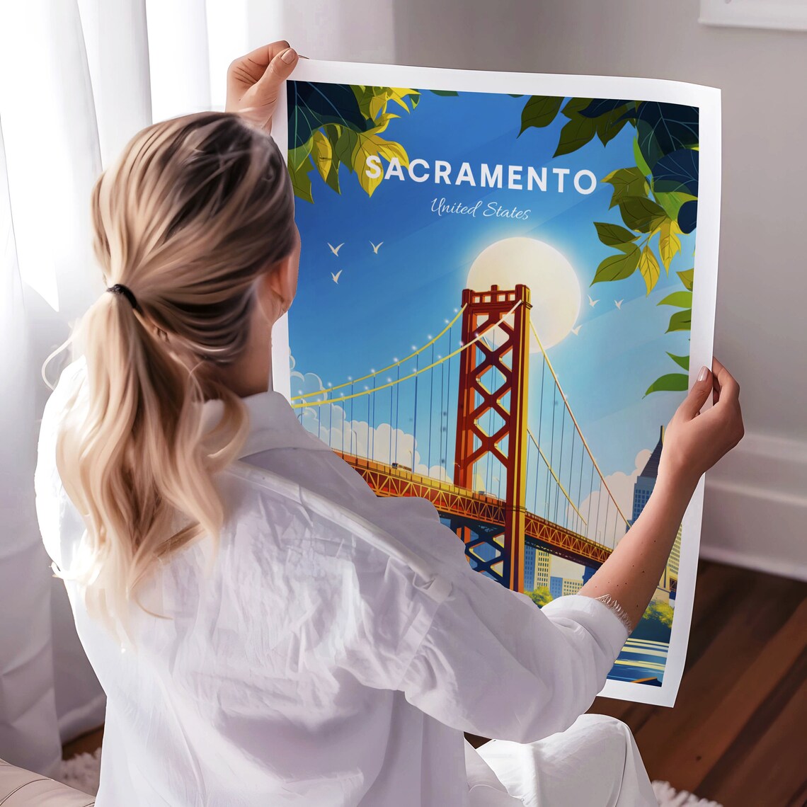 Sacramento Tower Bridge Daytime Red Orange City Skyline Poster - Image 3