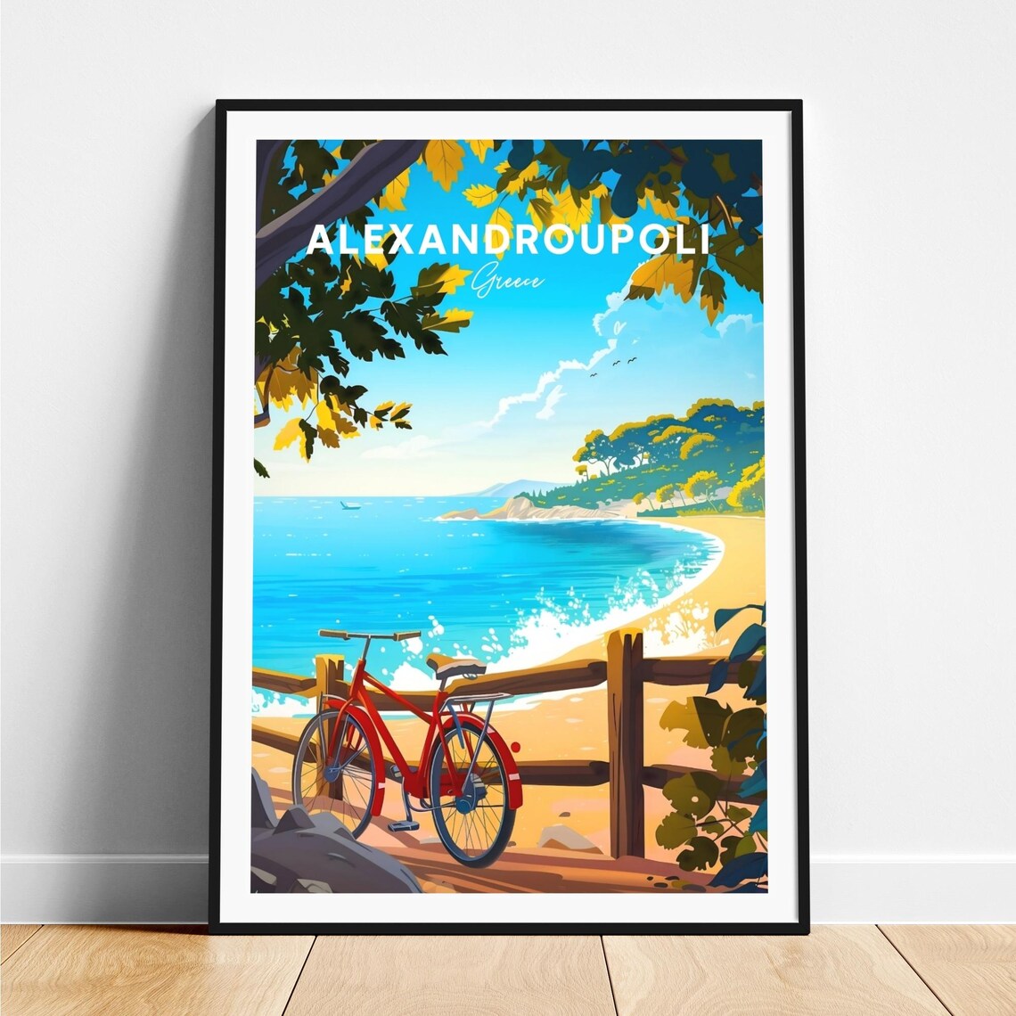 Alexandroupoli Greece Red Bicycle Beach Ocean Travel Art Poster