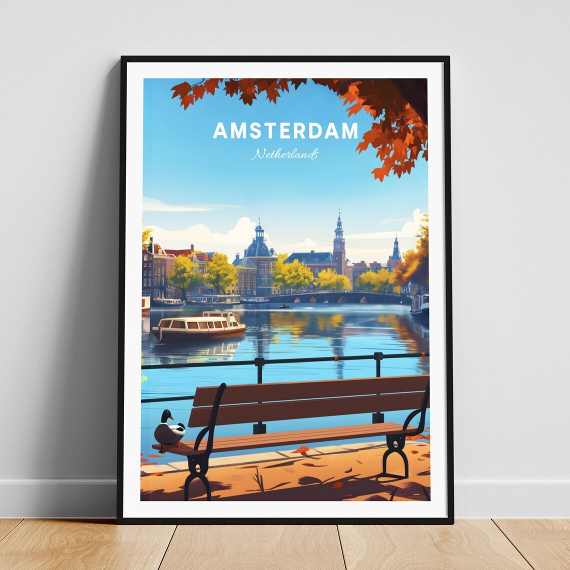 Amsterdam Netherlands Waterfront Bench Boats Skyline View Poster