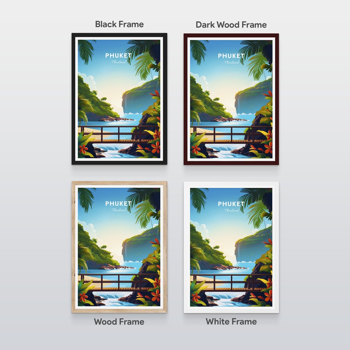 Phuket Thailand Sunny Tropical Cove Wooden Footbridge Palms Poster - Image 2