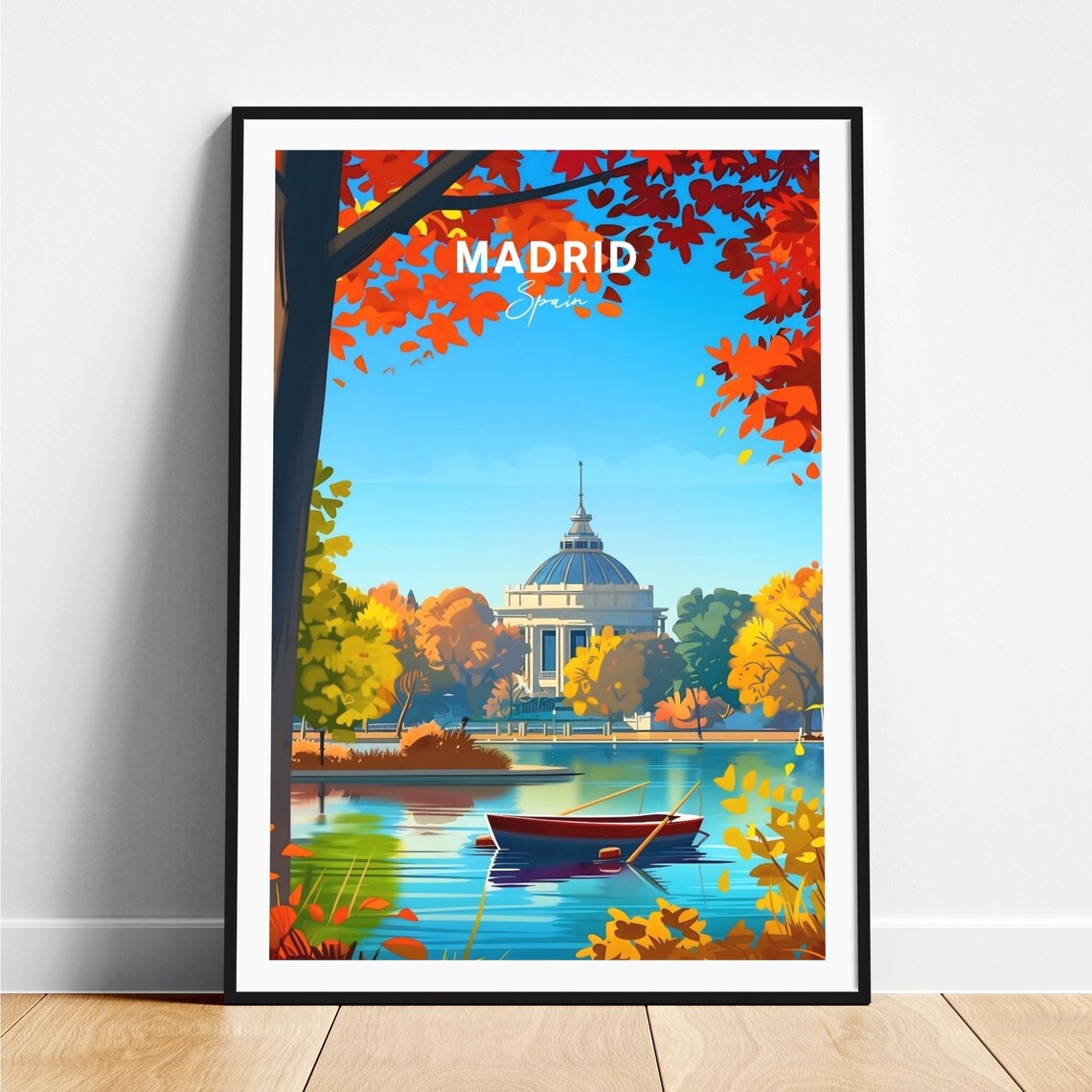 Madrid Autumn Retiro Park Lake Rowboat Fall Colors Travel Poster
