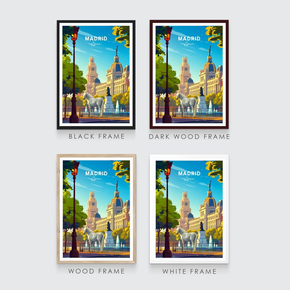 Madrid Plaza White Horse Clock Tower Fountain Square Travel Poster - Image 3