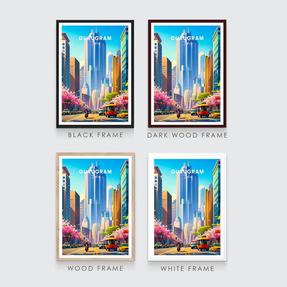 Gurugram India Modern Skyline Pink Blossom Avenue Travel Poster - Image 3