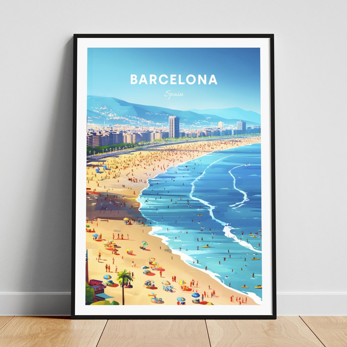 Barcelona Spain Crowded Beach City Skyline Summer Crowd Poster