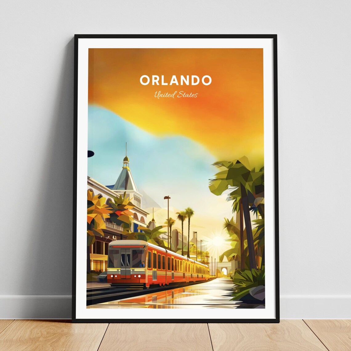Orlando Red Train Sunrise City Palm Avenue Vintage Travel Poster