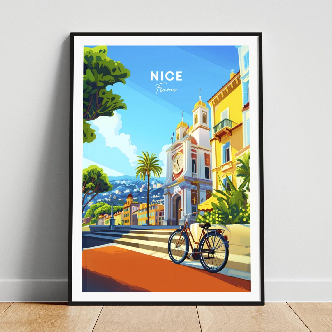 Nice France Clock Tower Square Bicycle Sunny Old Town Poster