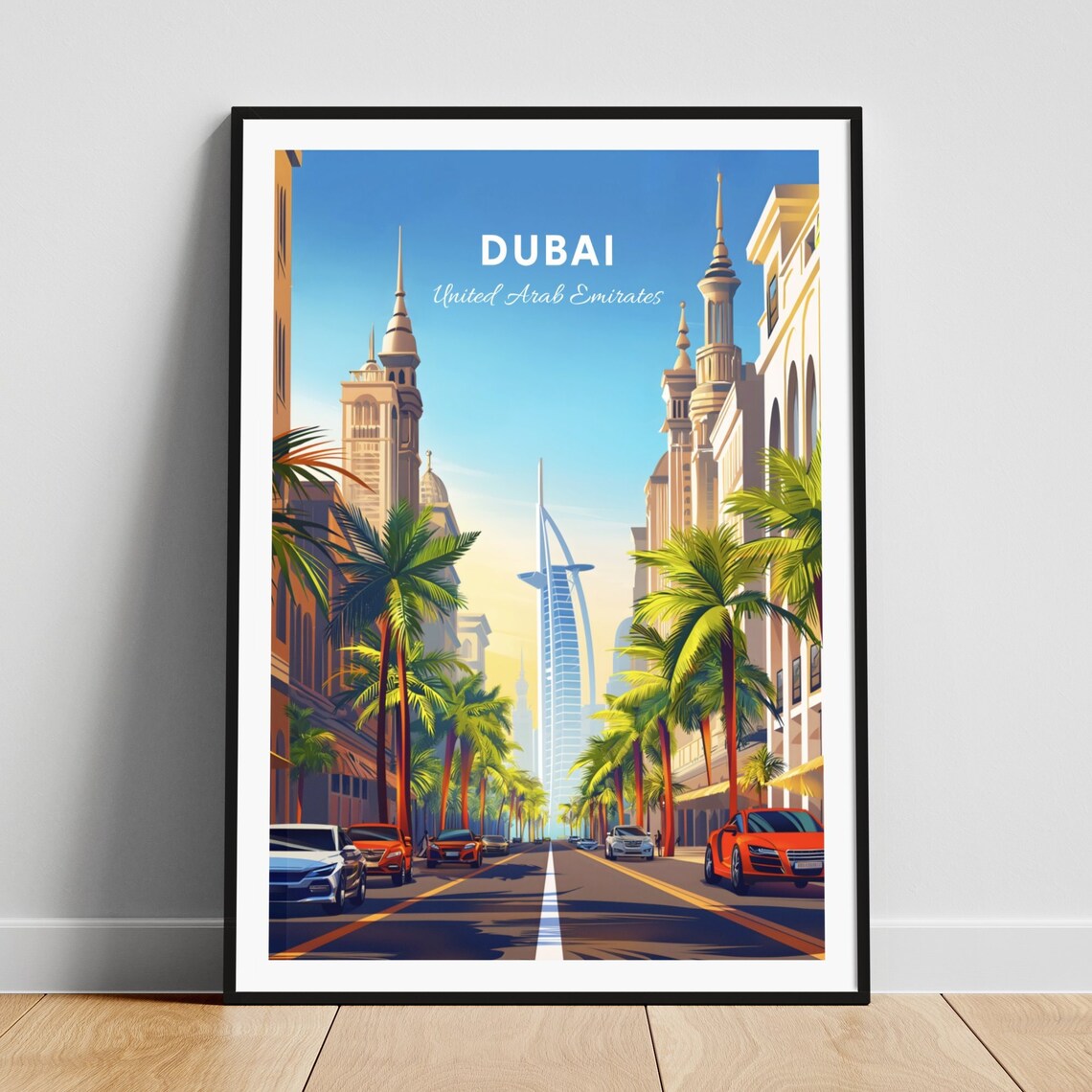 Dubai Burj Al Arab Palm Lined City Street Vintage Travel Art Poster
