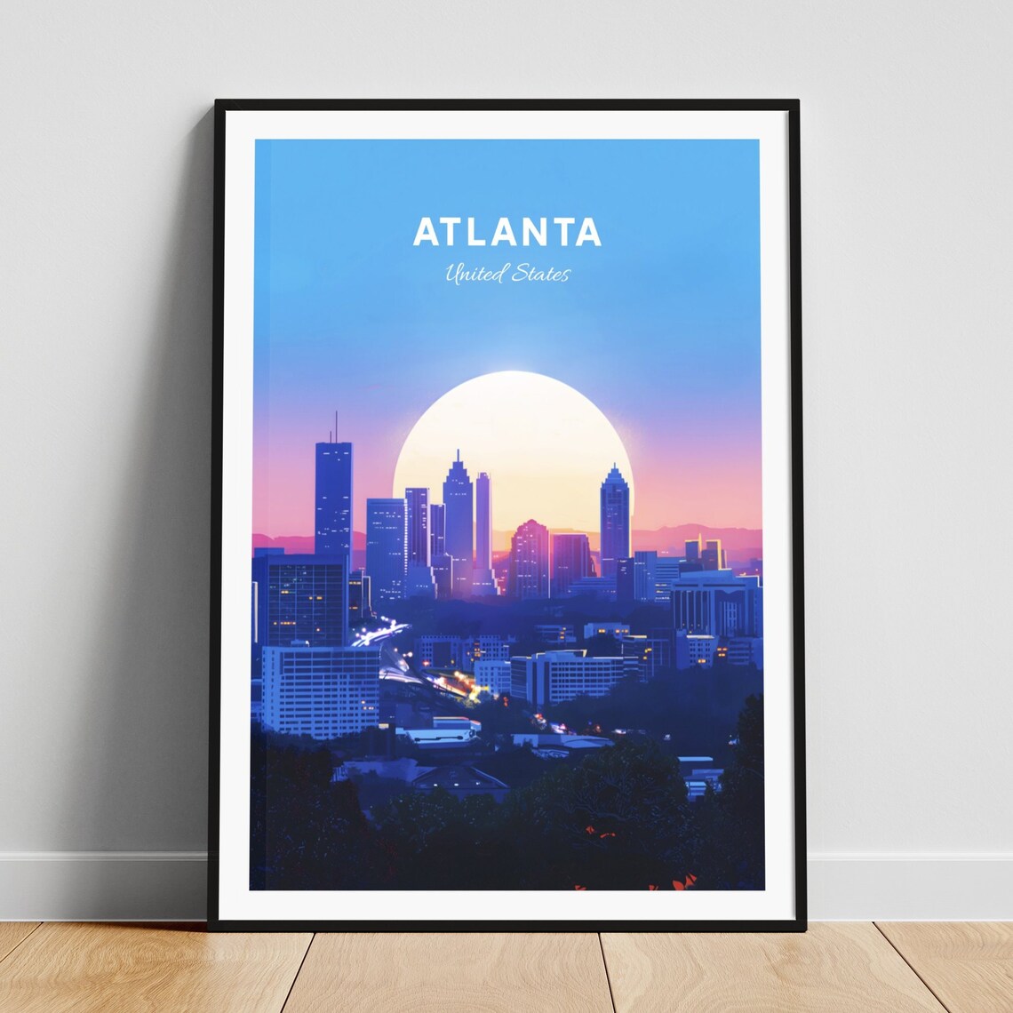Atlanta Georgia Skyline at Sunset Under Big Sun Travel Poster