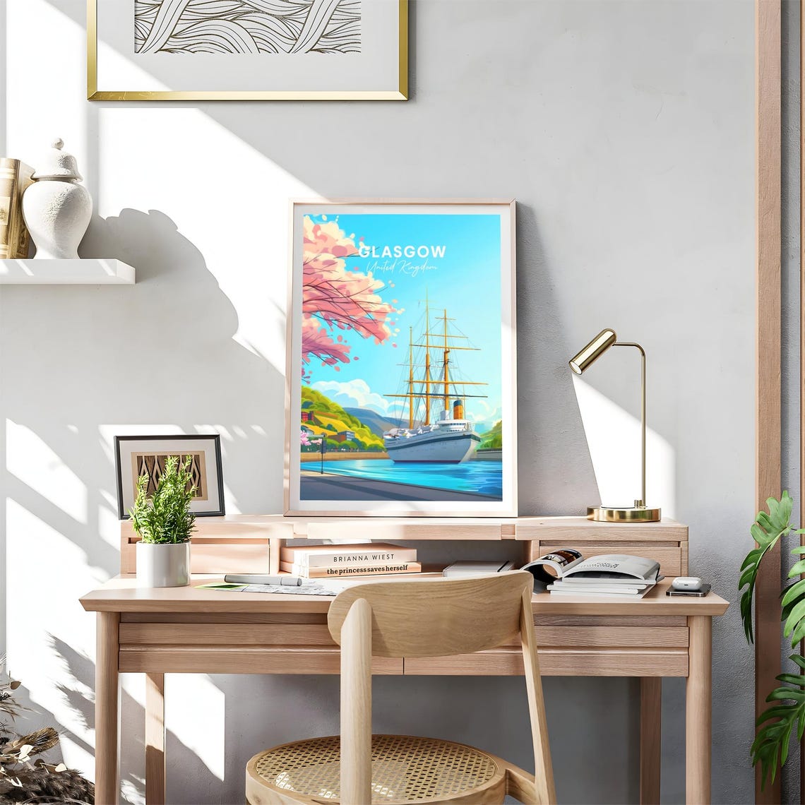 Glasgow Tall Ship Harbor Cherry Blossom Hills Spring Travel Poster - Image 4