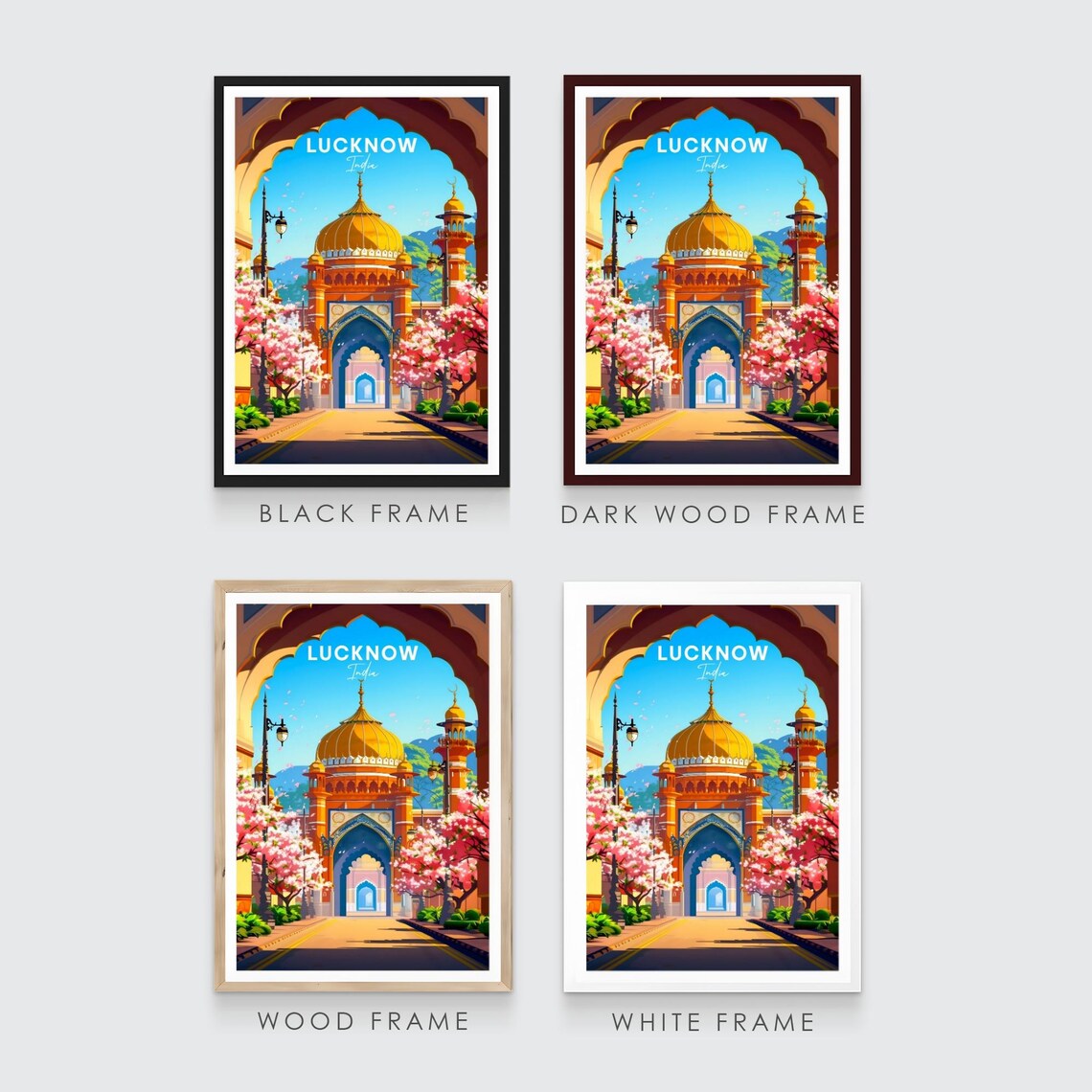 Lucknow Golden Dome Mosque Arch Blossoms India Travel Poster - Image 3
