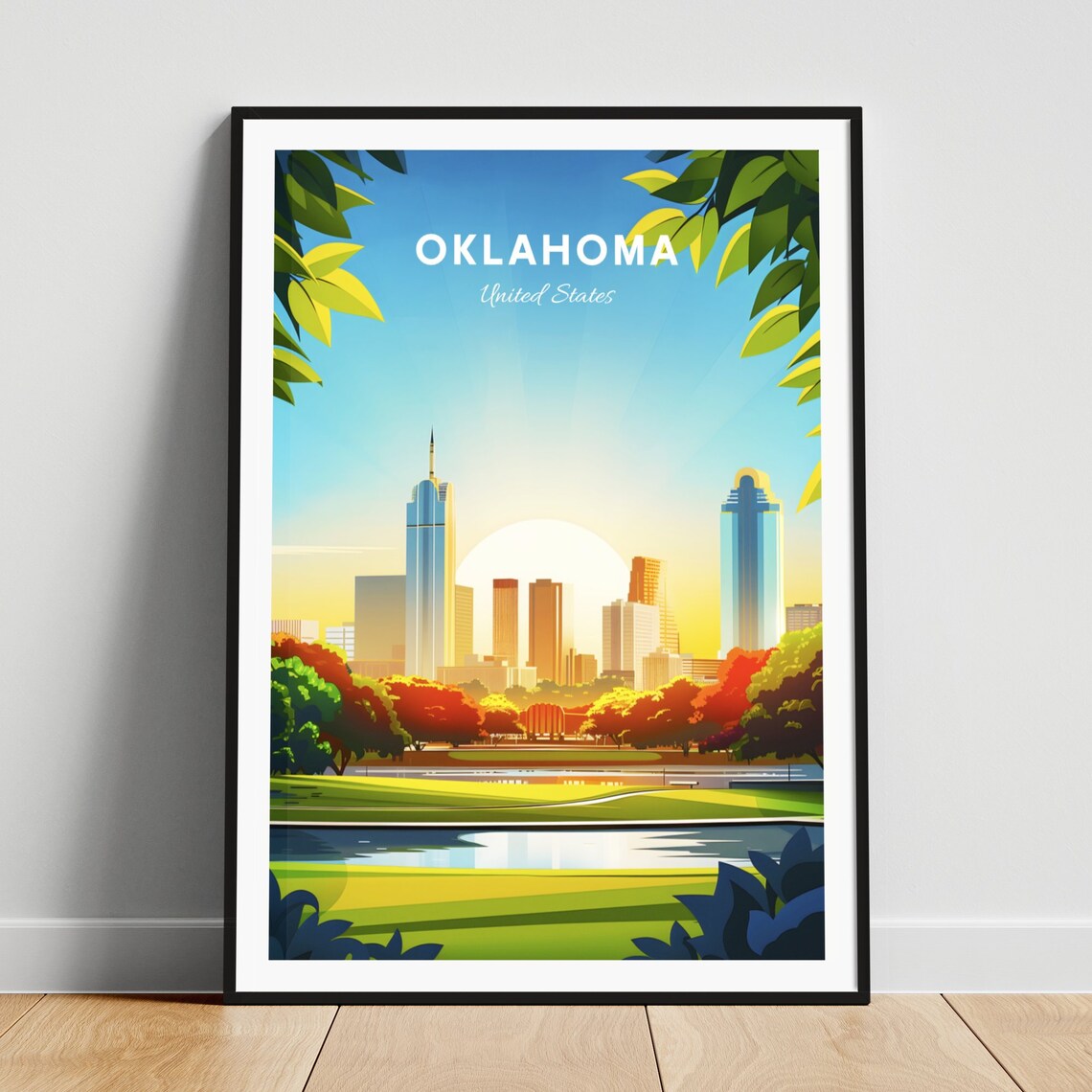 Oklahoma Morning Park Lake Skyline Fresh Green Sunny Day Travel Poster