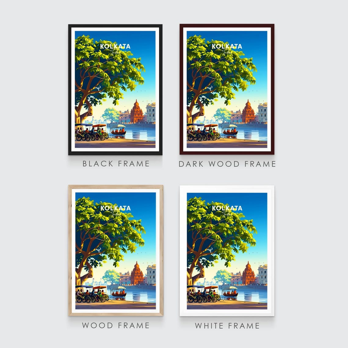 Kolkata India Riverside with Rickshaws and Temple Travel Poster - Image 3