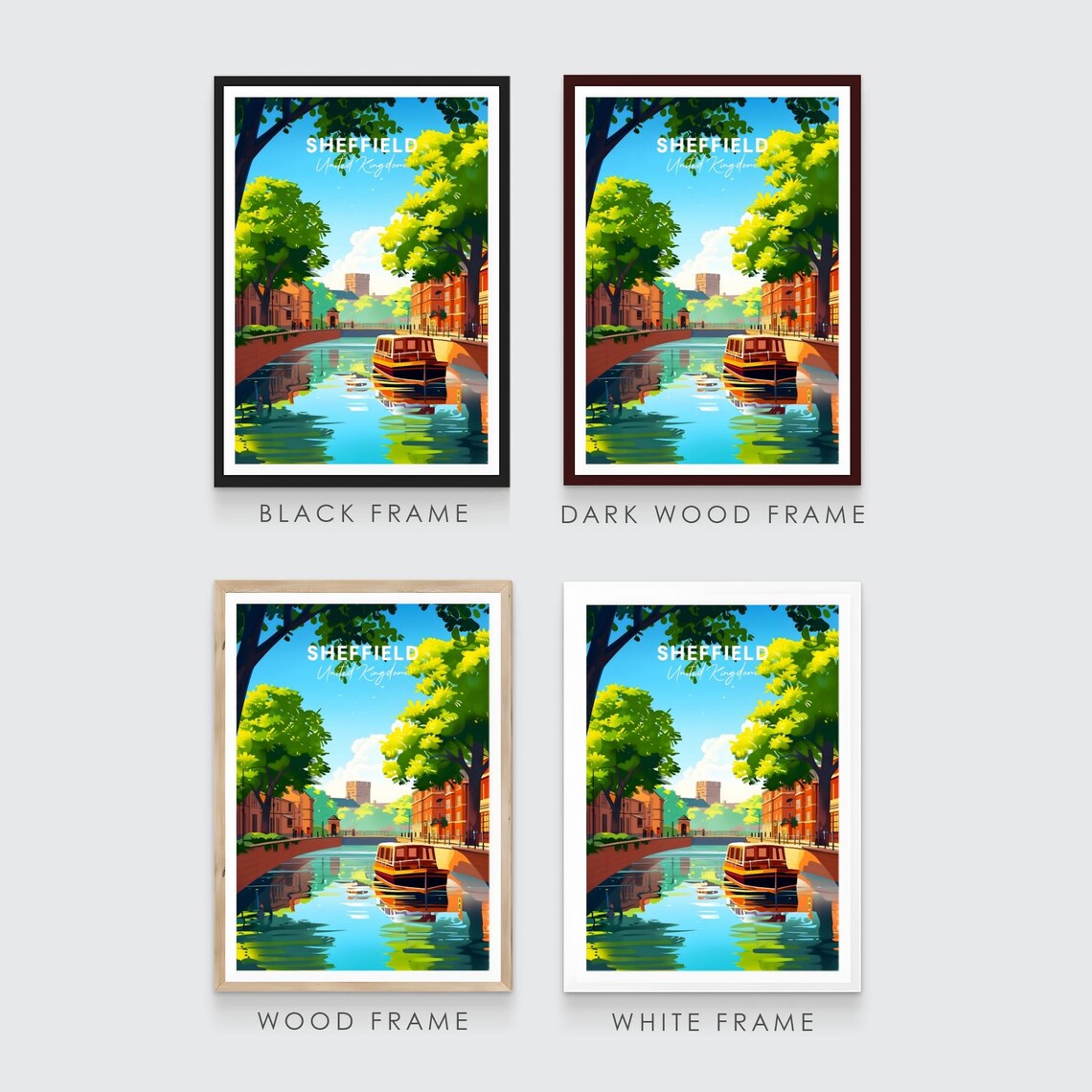 Sheffield Sunny Canal Boat Green Trees England Travel Poster - Image 3