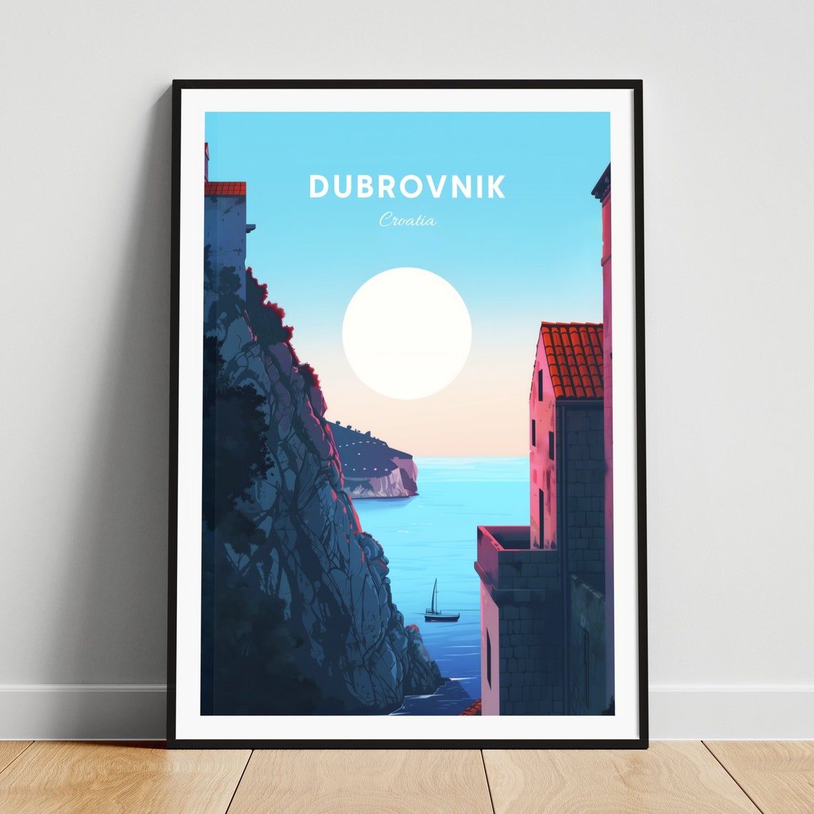 Dubrovnik Croatia Ancient Cliff Tower Sunset Sailboat Poster