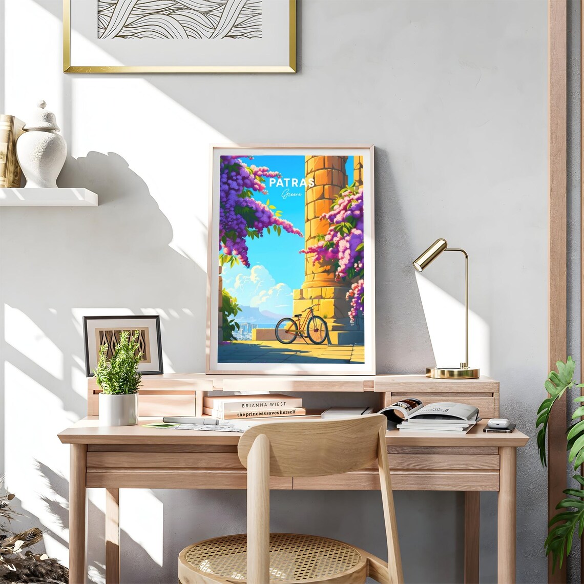 Patras Greece Stone Column Wisteria Bicycle Travel Art Poster - Image 4