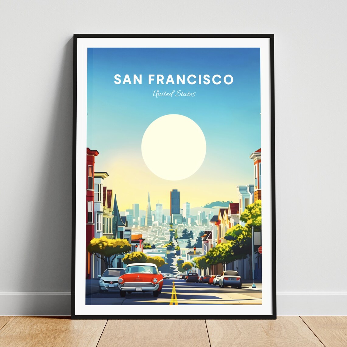 San Francisco Steep Street with Classic Cars and Downtown Poster