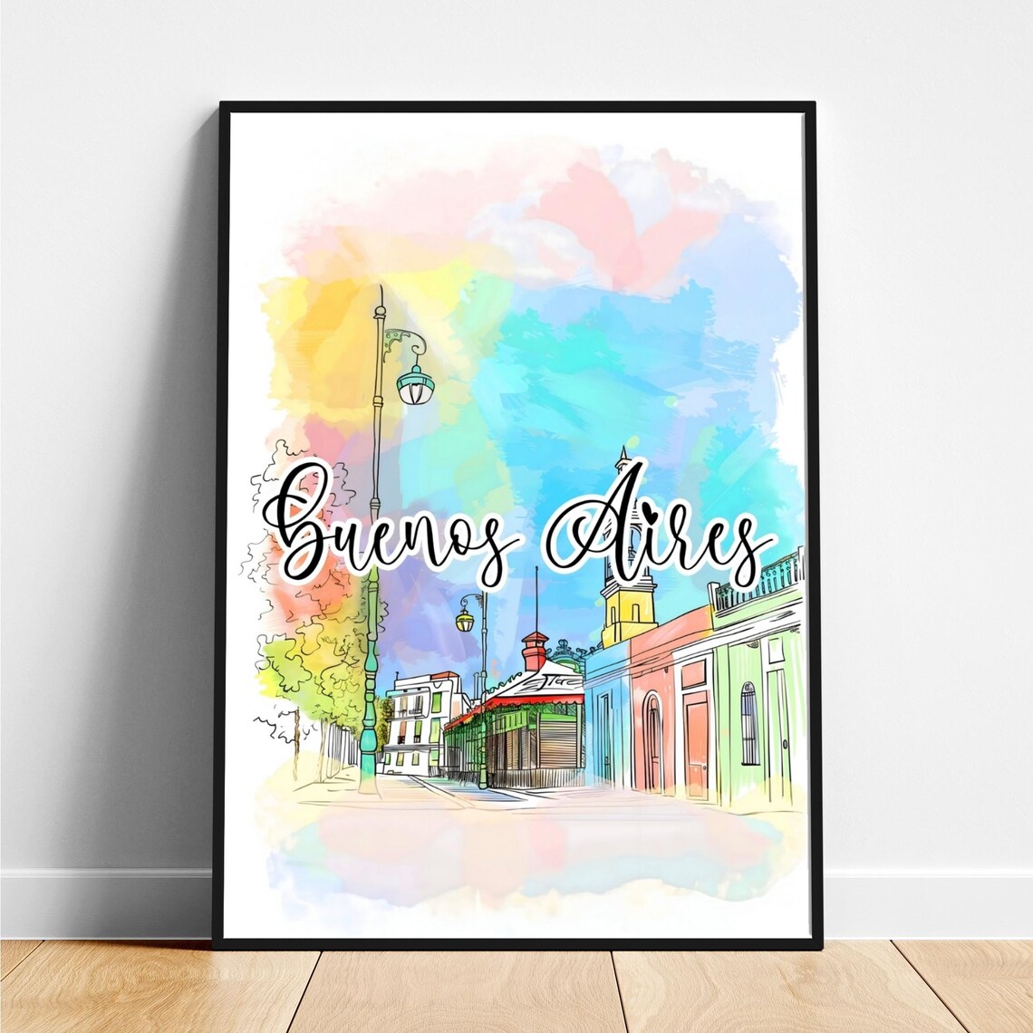 Buenos Aires Argentina Colorful Street Watercolor Travel Poster