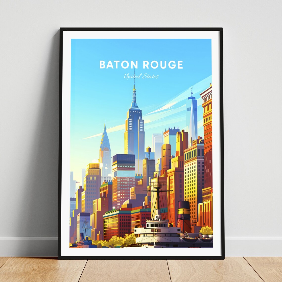 Baton Rouge Harbor Ships Waterfront Skyline Daylight Travel Poster