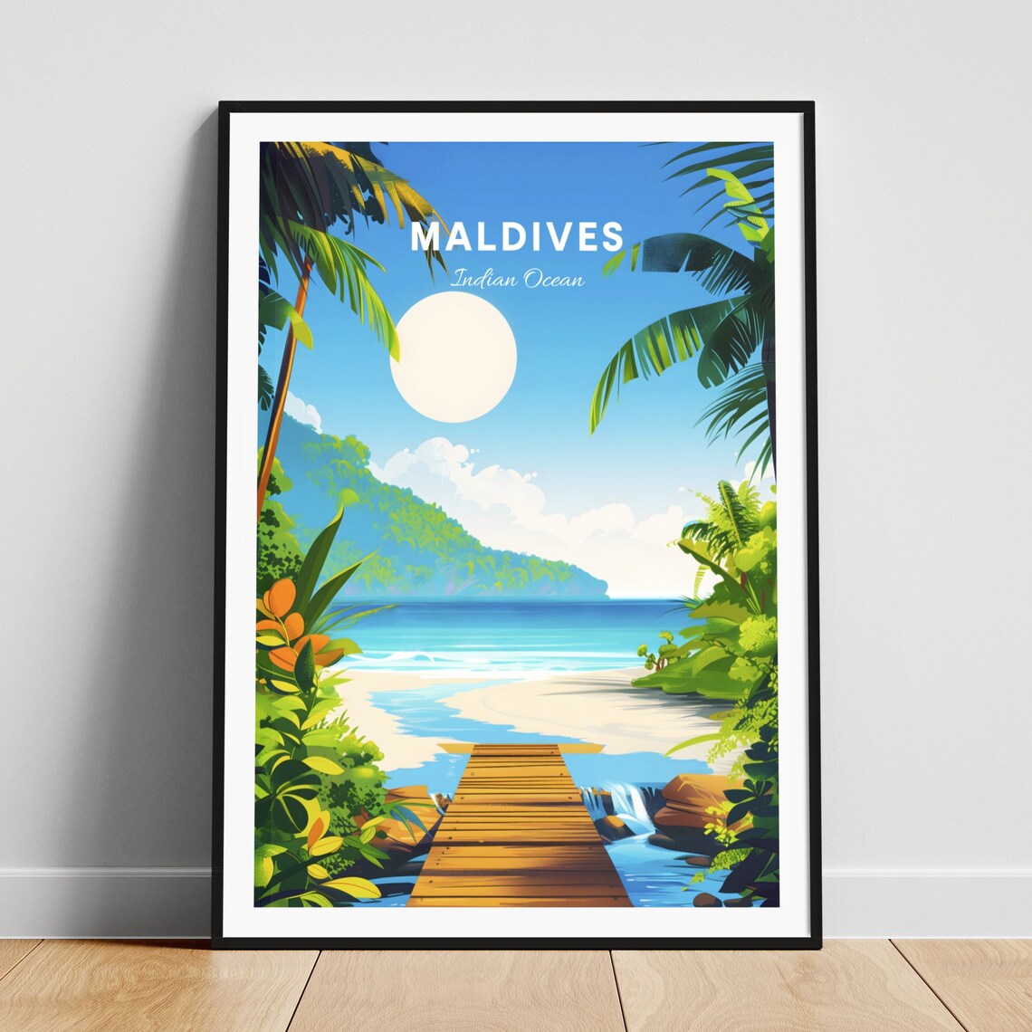 Maldives Indian Ocean Tropical Boardwalk Lagoon Beach Poster