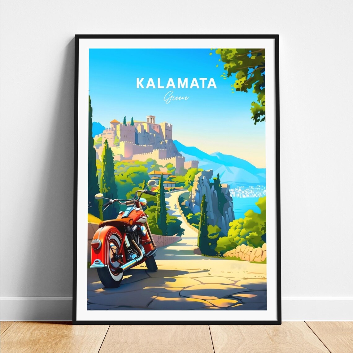 Kalamata Greece Red Motorcycle Castle Hill Road Coast Travel Poster