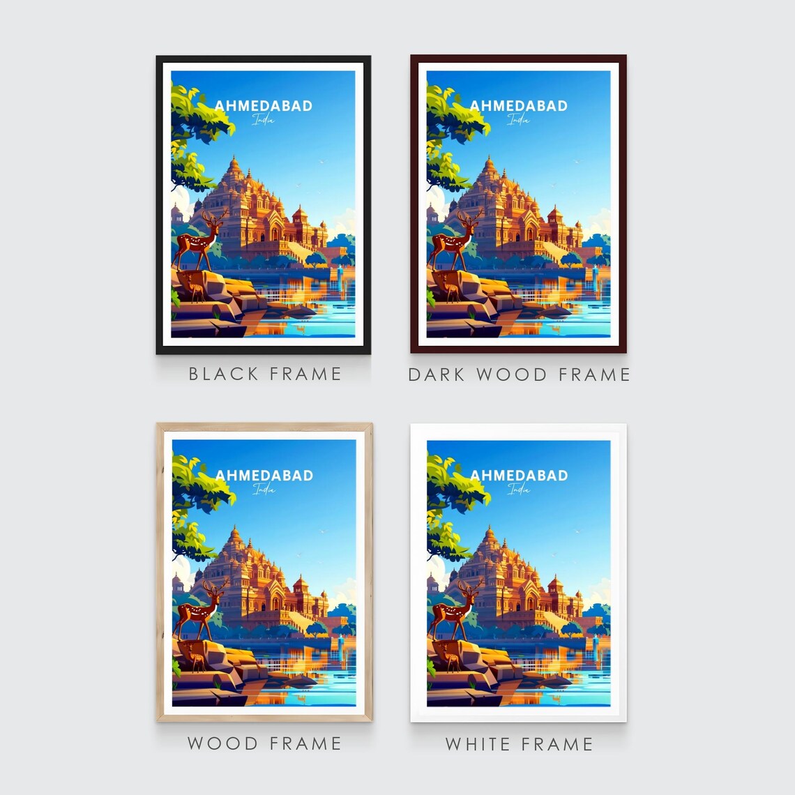 Ahmedabad Golden Temple Lake Reflections Deer India Travel Poster - Image 3