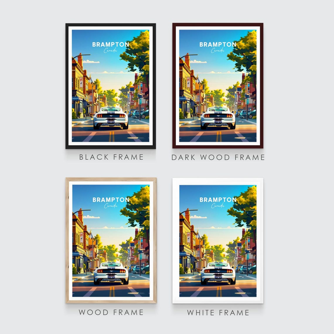 Brampton Canada White Mustang Sunny Old Town Street Day Poster - Image 3