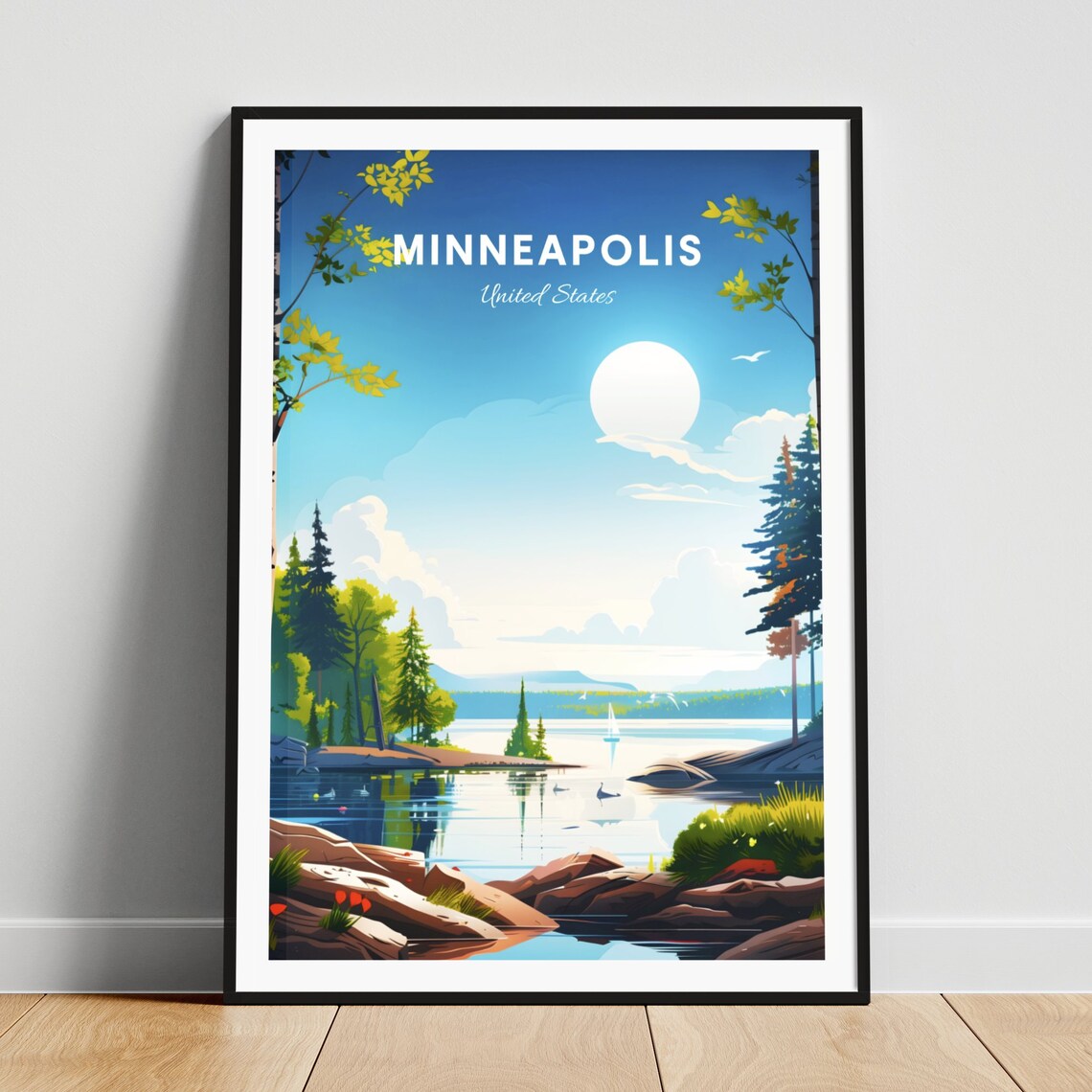 Minneapolis Minnesota Sunny Pine Lake Sailboat Scene Travel Poster