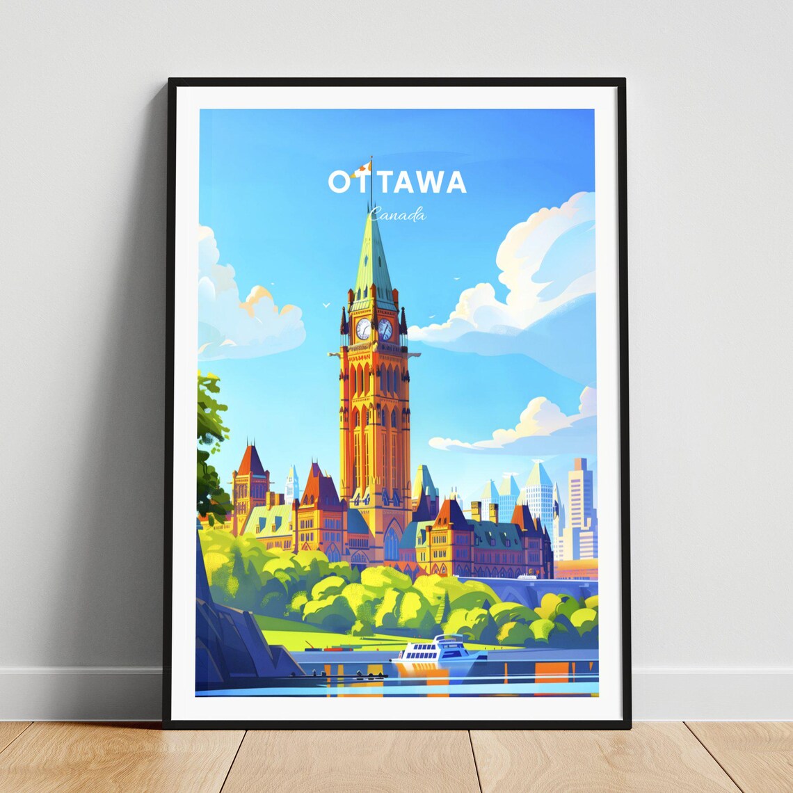 Ottawa Canada Parliament Hill Peace Tower River Boat Travel Poster