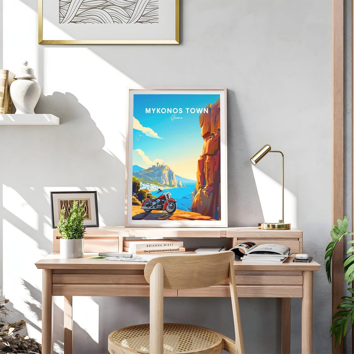 Mykonos Town Greece Red Motorcycle Cliff Road Windmills Travel Poster - Image 4