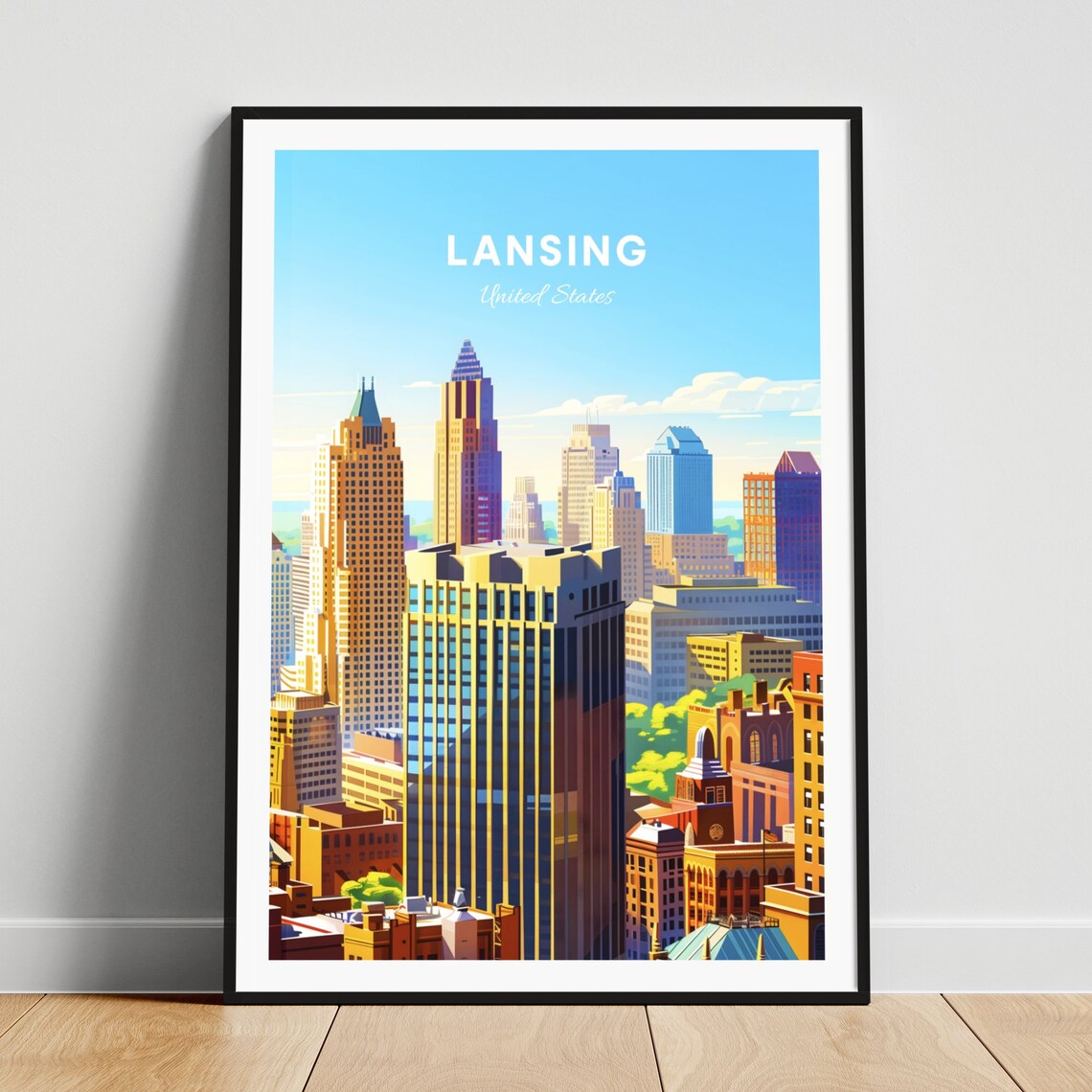 Lansing Golden Daylight City Skyline Modern Towers Travel Poster