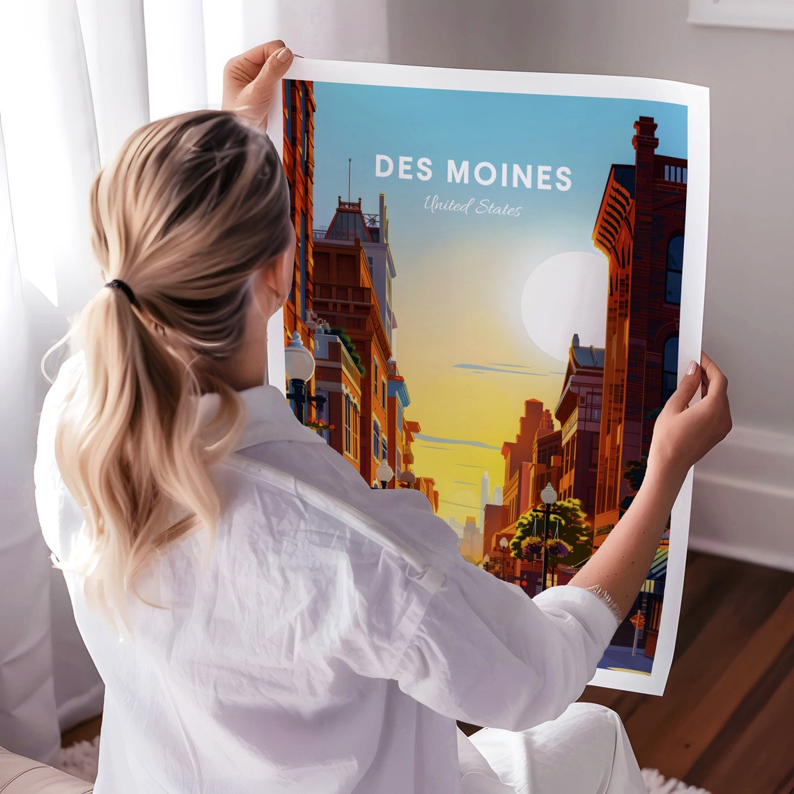 Des Moines Historic Brick Street Sunset Evening Travel Poster - Image 3