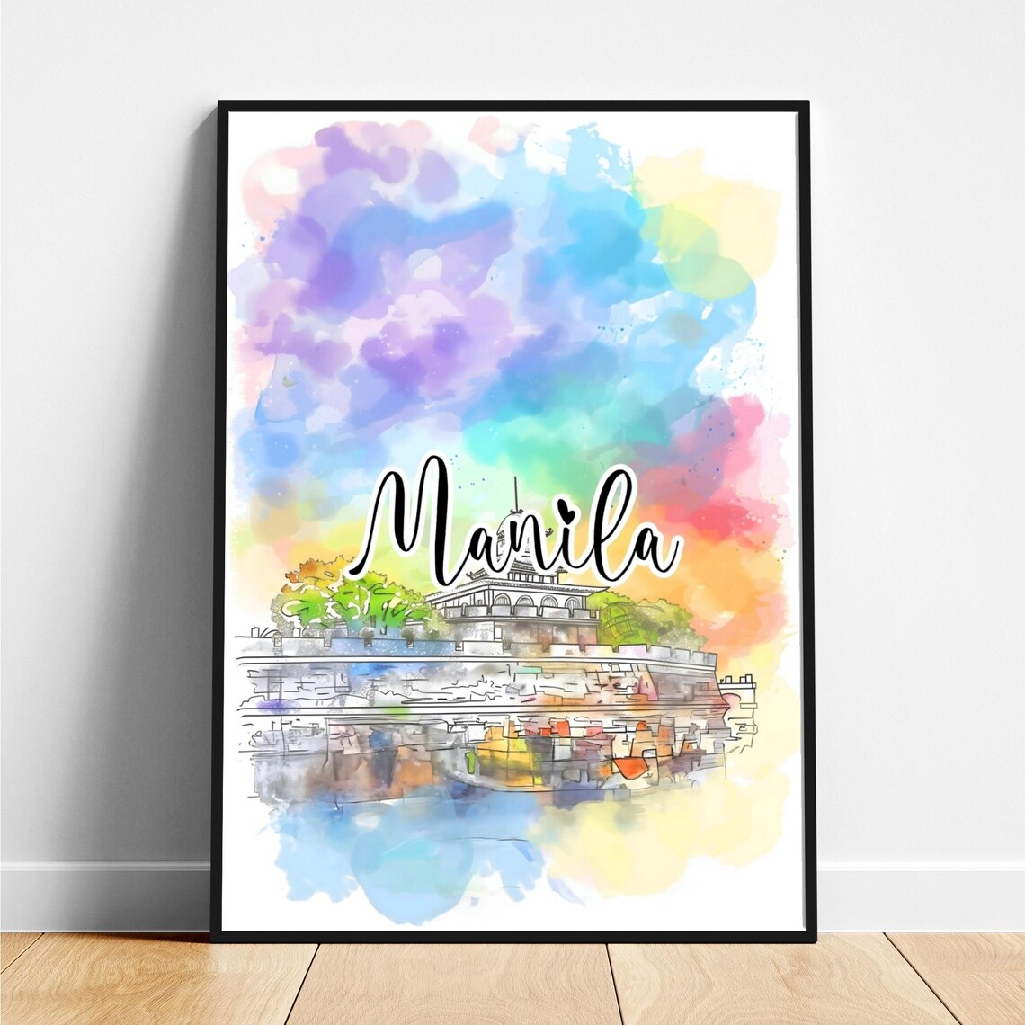 Manila Philippines Historic Fort Watercolor Travel Skyline Poster
