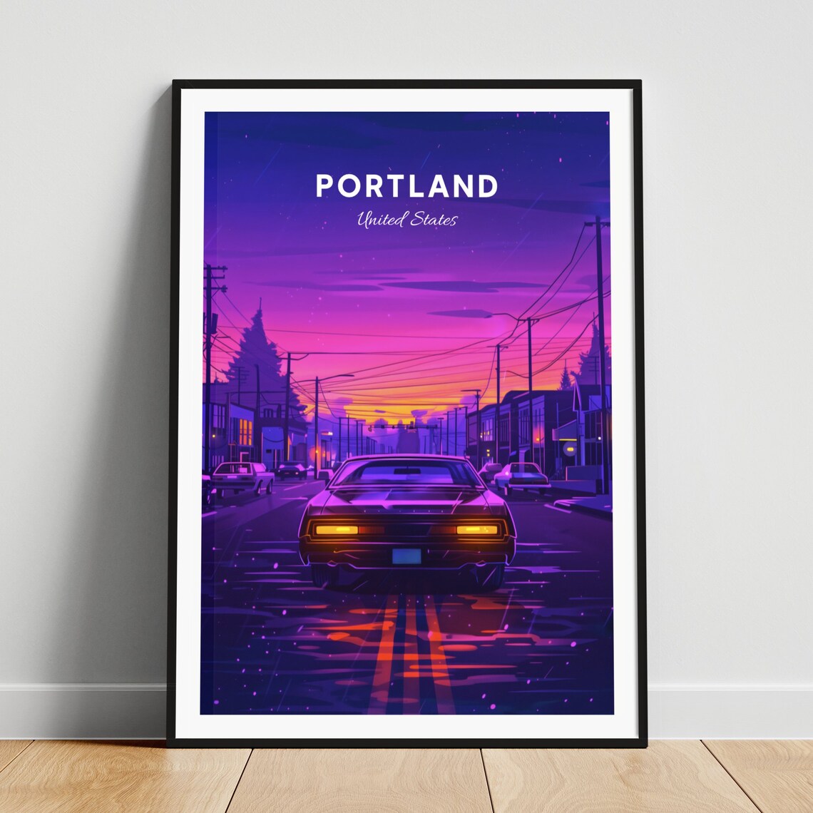 Portland Neon Street at Dusk with a Classic Car Vintage Travel Poster