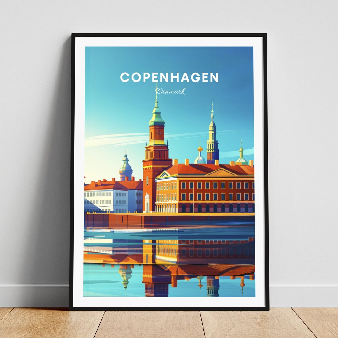 Copenhagen Denmark Waterfront Towers Water Reflection Travel Poster