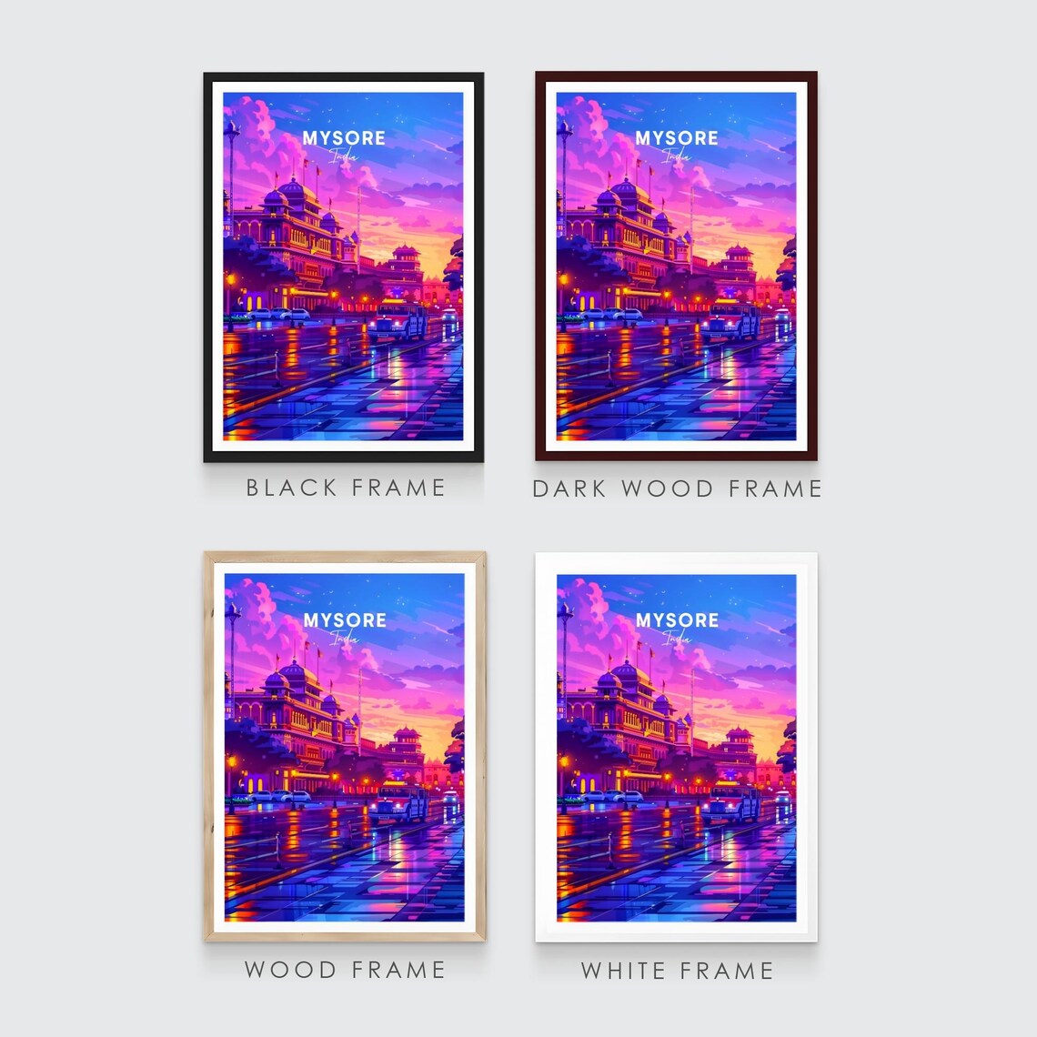 Vibrant Mysore India Palace at Neon Sunset on Rainy Street Poster - Image 3