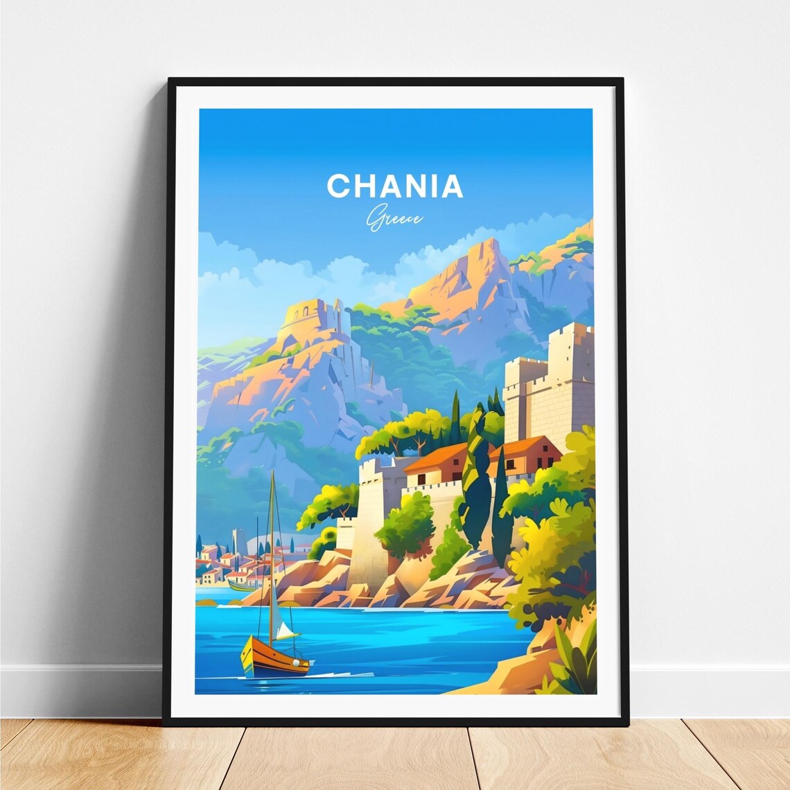 Chania Greece Coastal Fortress Town and Sailboat Harbor Poster