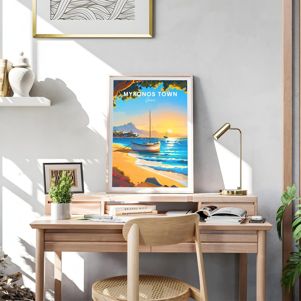 Mykonos Town Greece Beach Sailboat Golden Sunset Travel Poster - Image 4