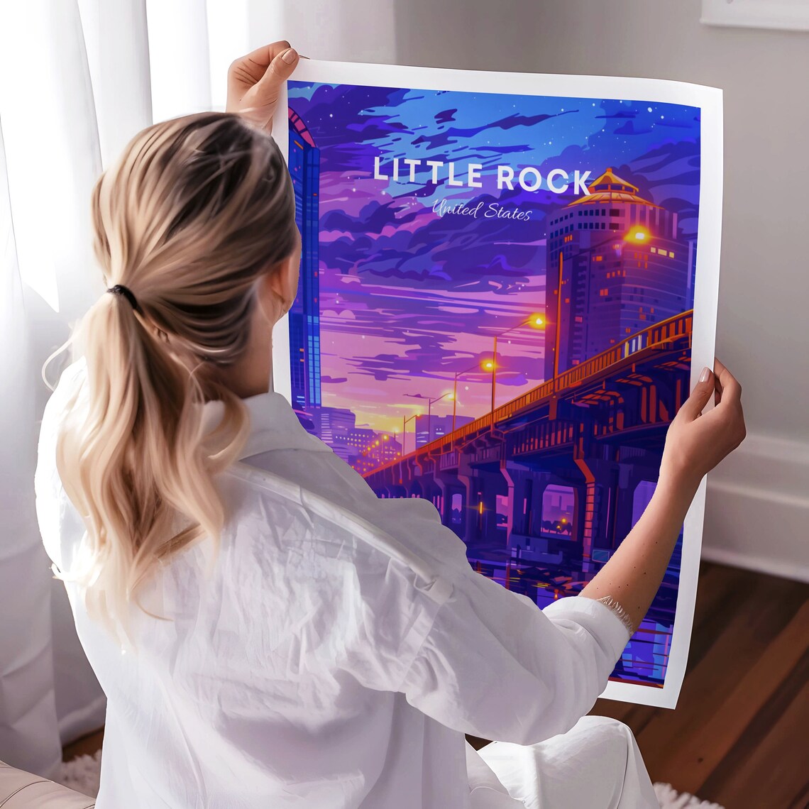 Little Rock Dusk Bridge Over the River with Skyscrapers Poster - Image 3