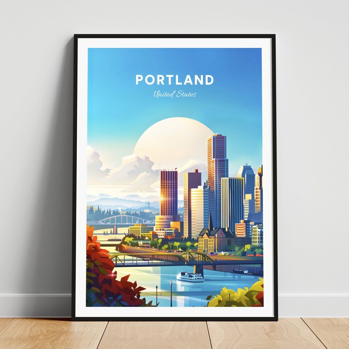 Portland Skyline Bridges and River in Bright Daylight Travel Poster