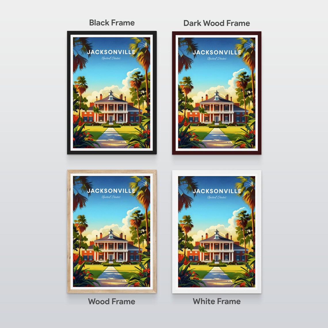 Jacksonville Florida Historic Mansion with Palms Travel Poster - Image 2
