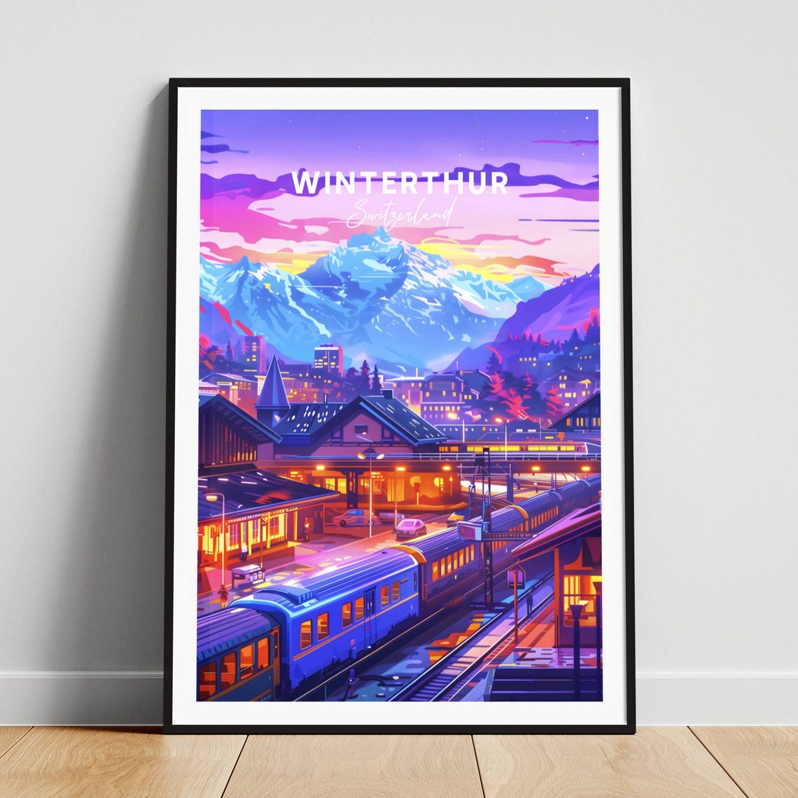 Winterthur Switzerland Night Train Station Snow Peaks Glow Poster