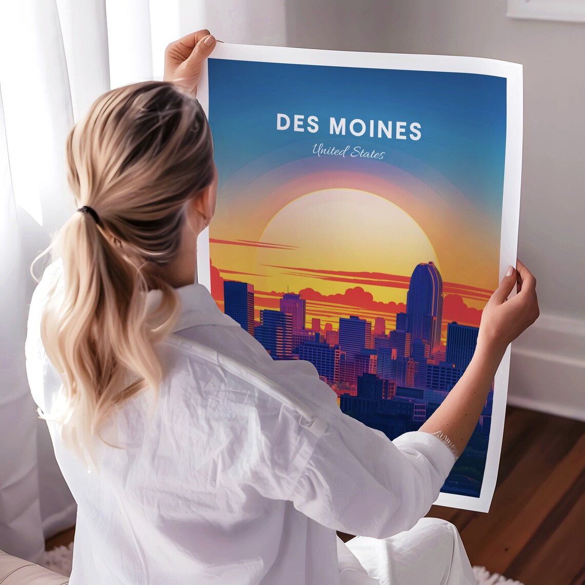Des Moines City Skyline Sunset Over Downtown Iowa Travel Poster - Image 3