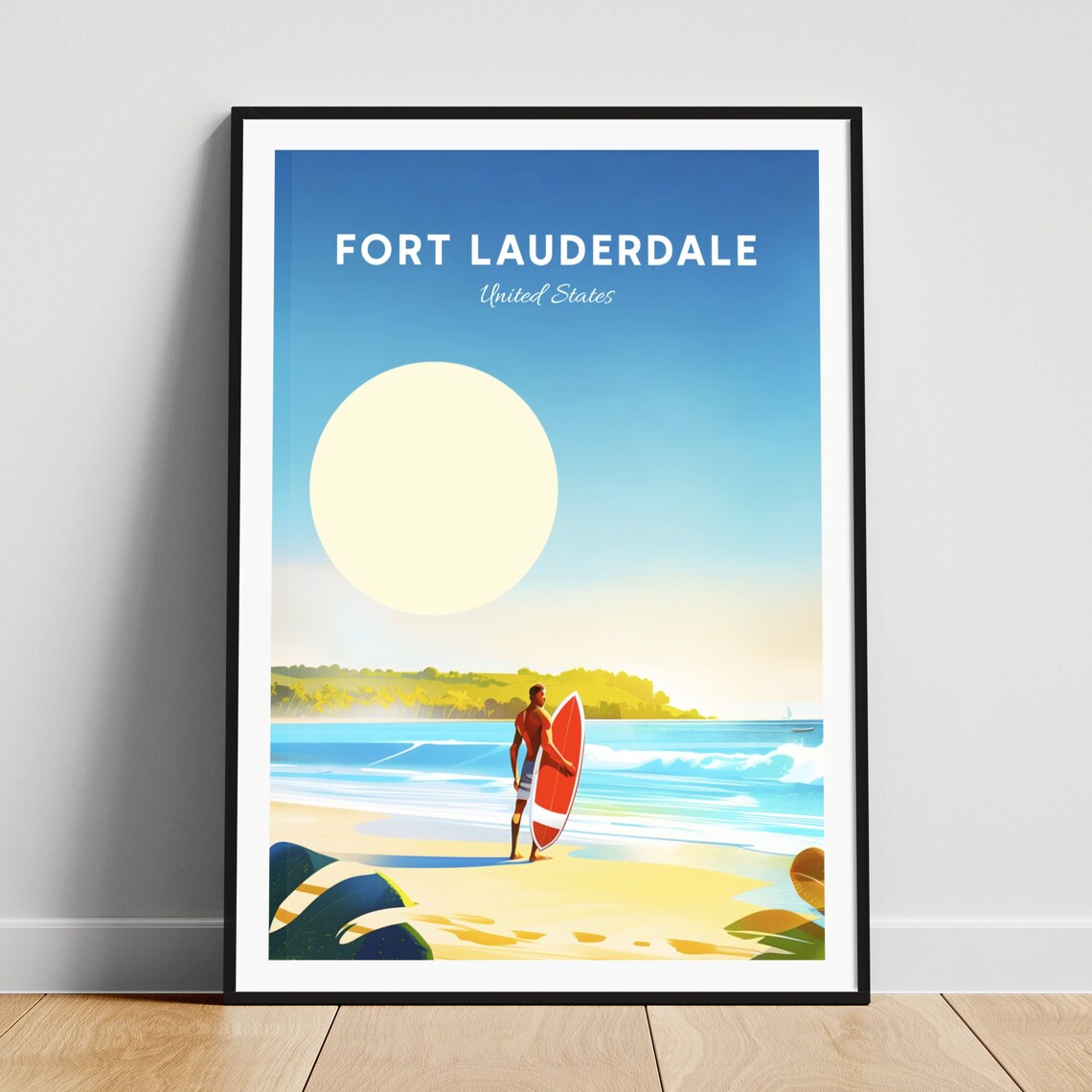 Fort Lauderdale Florida Surfer Red Surfboard Ocean Waves Travel Poster